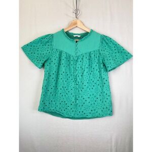Glamaker Green Eyelet Lace Blouse Short Sleeve Button Front Ruffle Neck Top M